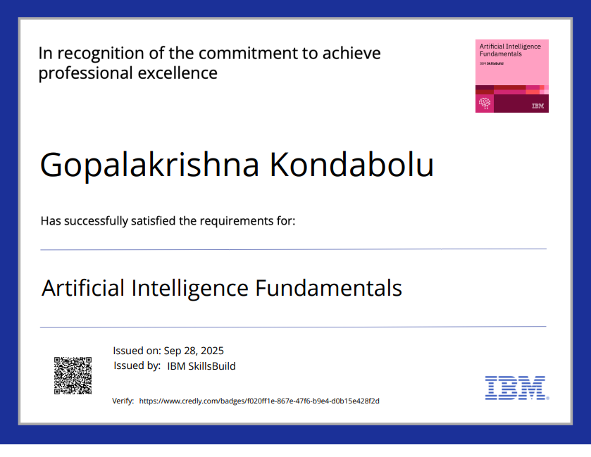 IBM SkillsBuild Artificial Intelligence Fundamentals Certificate